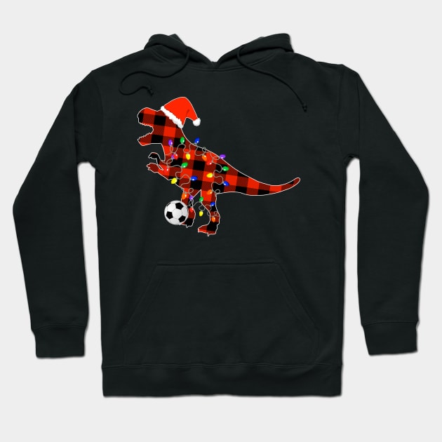 Soccer Christmas Red Plaid T Rex, Funny Santa Hat Pajamas Hoodie by Printofi.com